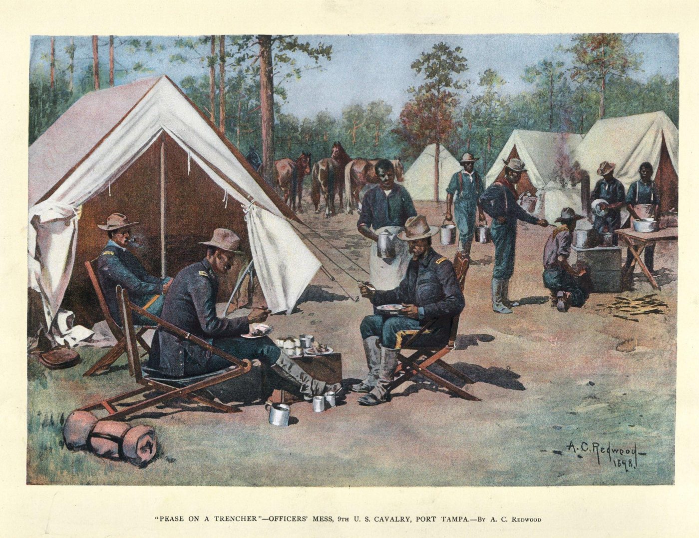 Historical illustration of Buffalo Soldiers at camp, 1890s